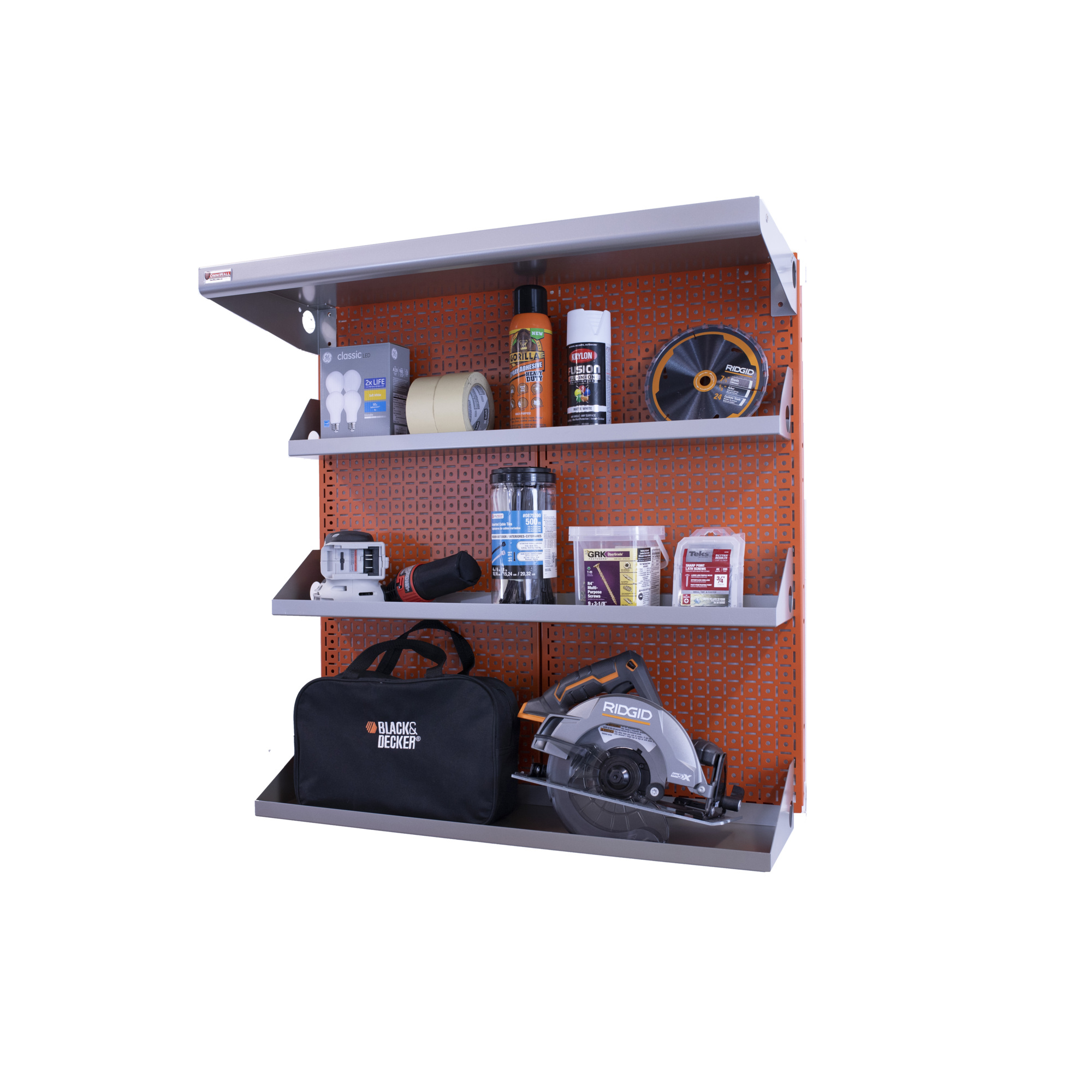 OmniWall, OmniWall metal pegboard storage kit for storage, Length 16 in, Width 32 in, Model# CGS-KIT-SHLF